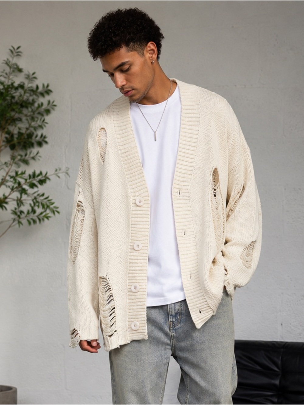 MNML NWT XL Distressed Knit Cardigan Off White Oversized Grunge Boho